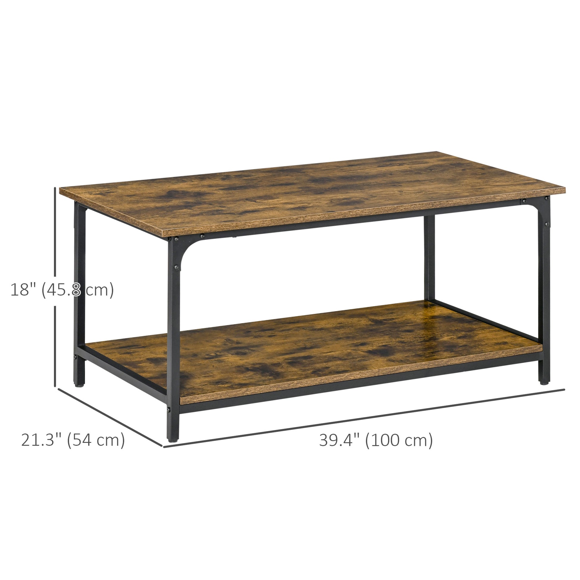 HOMCOM Rustic Industrial 2-Tier Coffee Table Storage Shelf Steel Frame