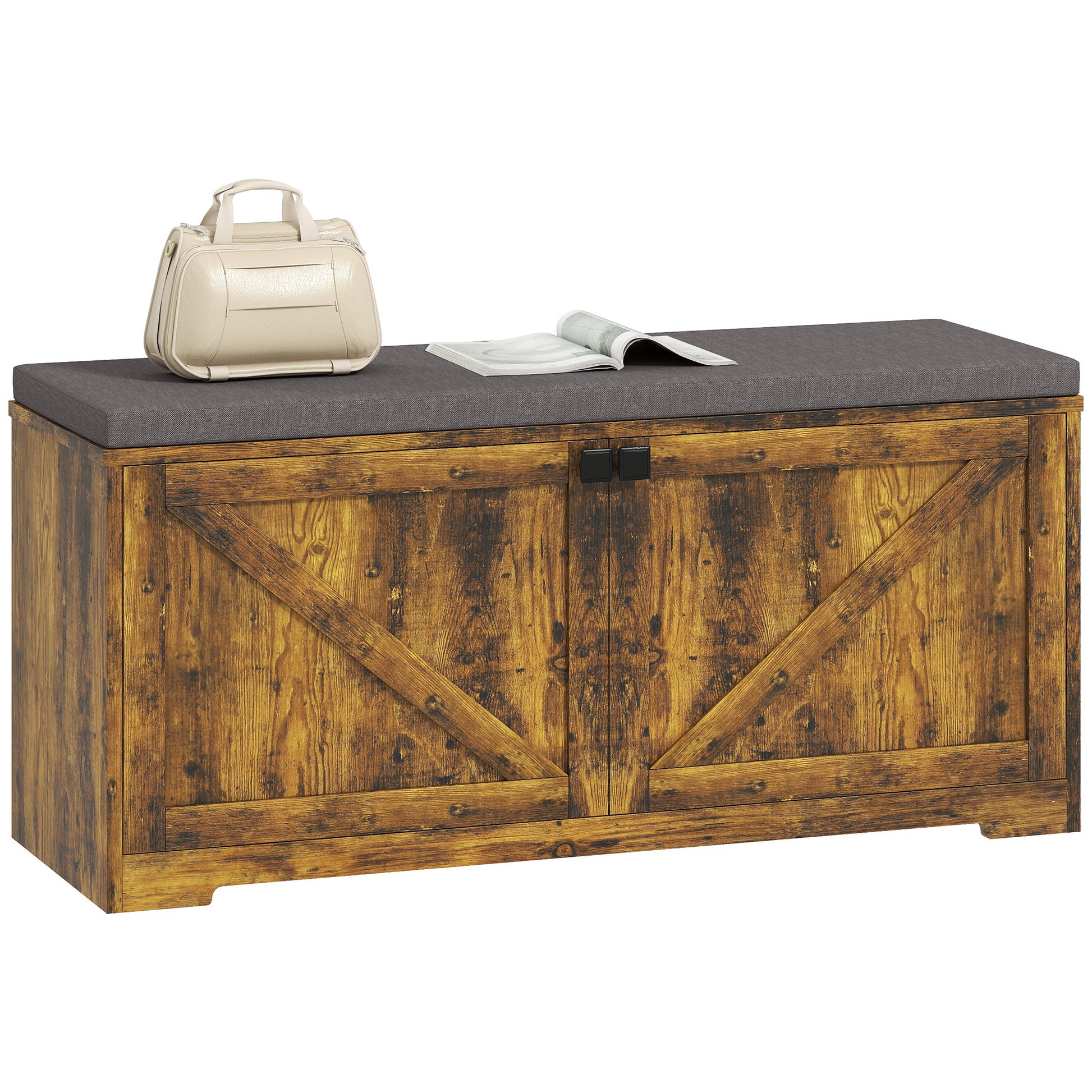 HOMCOM Rustic Brown Entryway Shoe Storage Bench with Padded Seat, Holds 8 Pairs