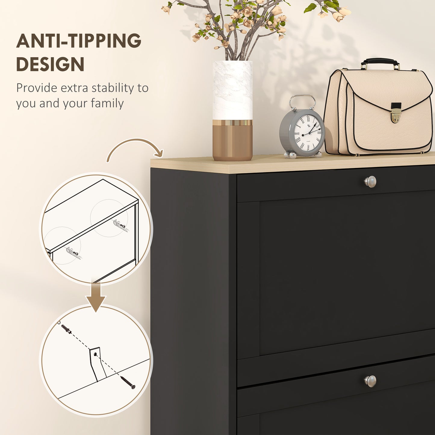 Modern Black Shoe Cabinet: 3 Flip Drawers, Adjustable Storage for 18 Pairs