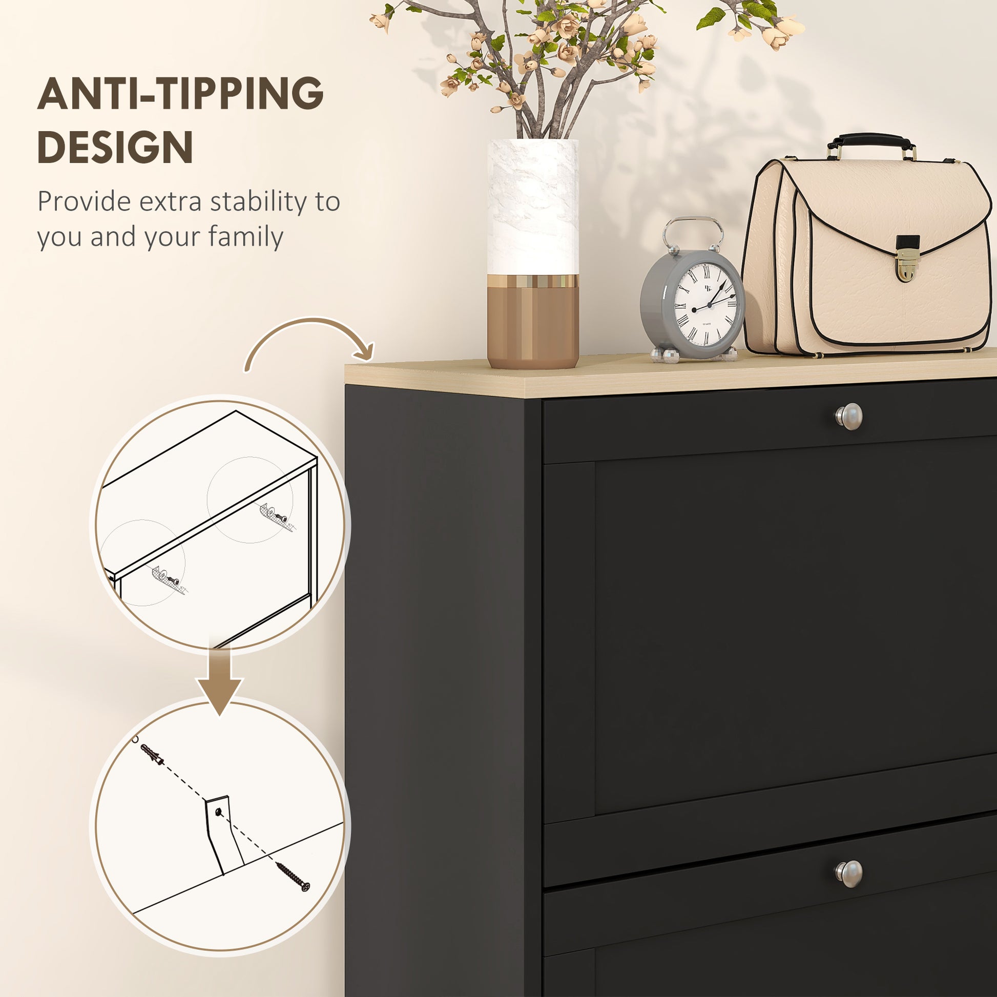 Modern Black Shoe Cabinet: 3 Flip Drawers, Adjustable Storage for 18 Pairs