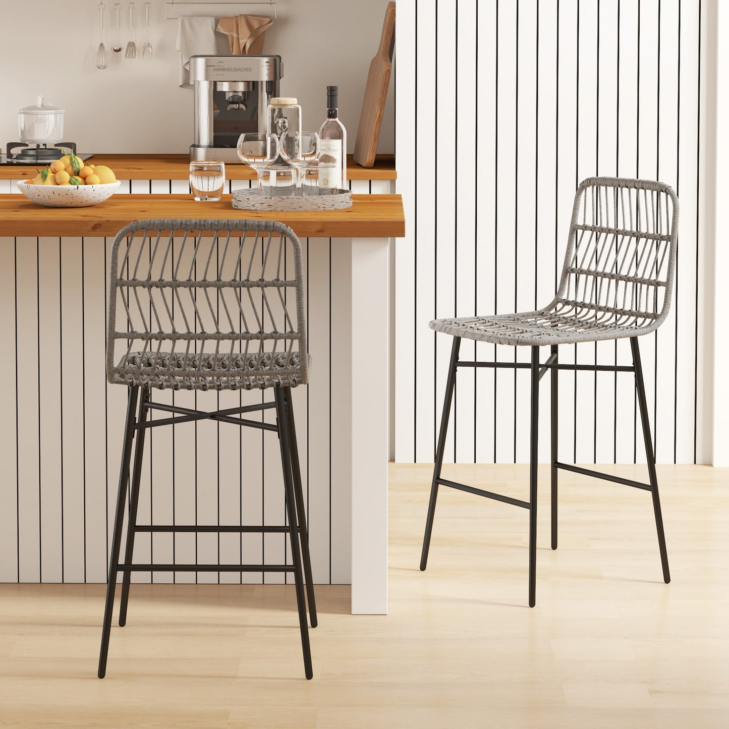 HOMCOM Modern Grey Rattan 26-inch Counter Height Bar Stools Set of 2