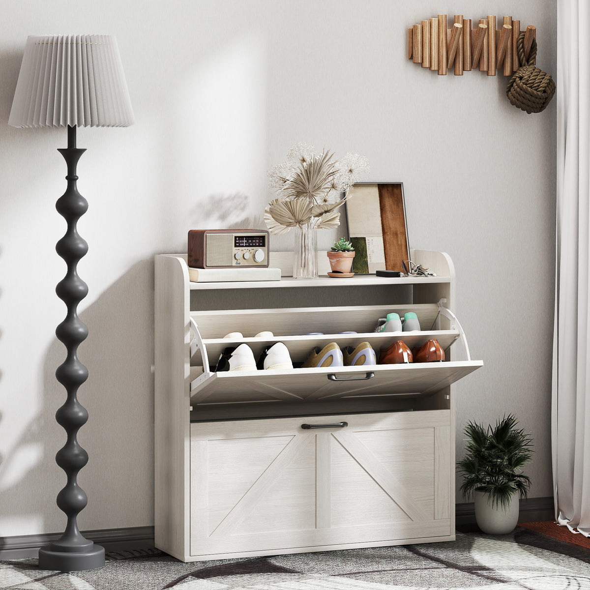 Farmhouse Shoe Cabinet with 2 Flip Drawers – 31"W x 34"H