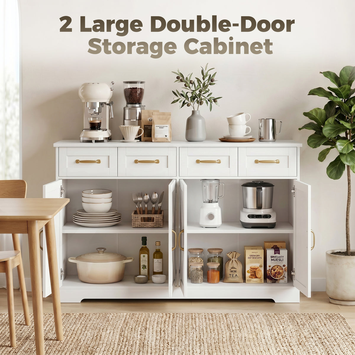 Modern Farmhouse Kitchen Storage Cabinet with 4 Drawers – 55"W x 31"H