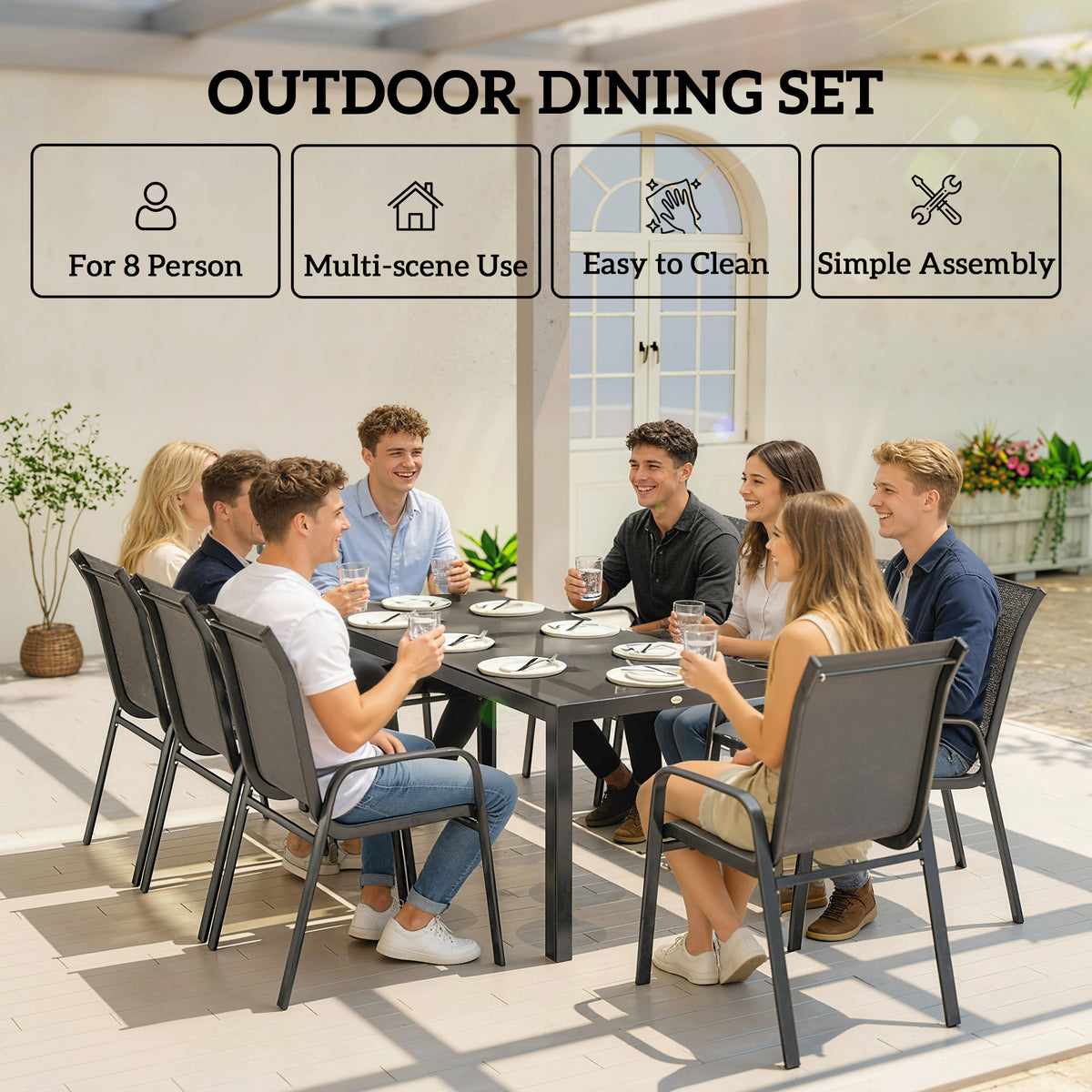 Outdoor Dining Sets for 8 with Stackable Chairs, Patio Dining Set with Glass Top Table for Garden, Patio, Backyard – Dark Grey