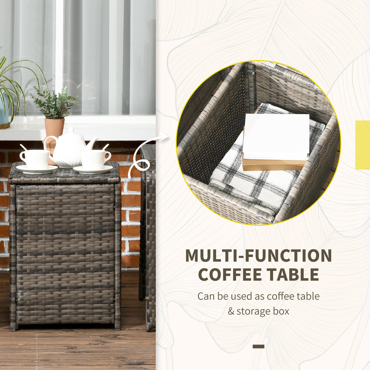 3 Pieces Wicker Patio Furniture Set, Rattan Bistro Set with Storage Coffee Table and Thickened Cushions, Outdoor Conversation Set for Garden, Porch, Balcony – Beige