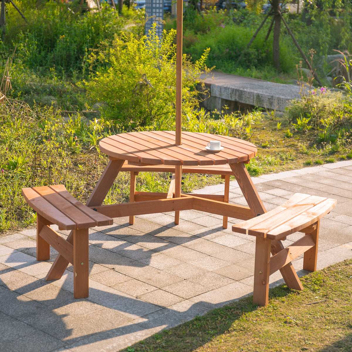 6 Person Round Picnic Table Bench Set with Umbrella Hole, Wood Patio Table with 3 Built-in Benches for Garden, Deck, Backyard – Brown