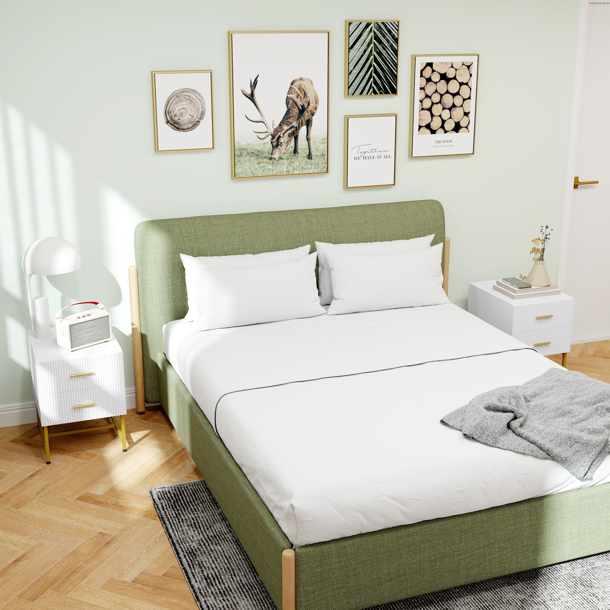 Modern White Nightstands Set, 2 Fluted Drawers, Gold Legs, Bedroom Storage Tables