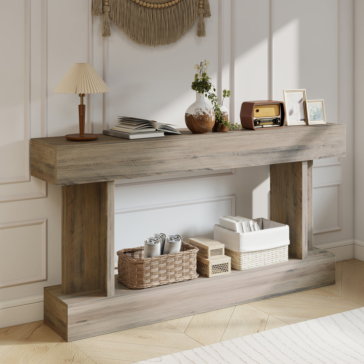 63" Long Vintage Console Table with Storage Shelf, Light Brown