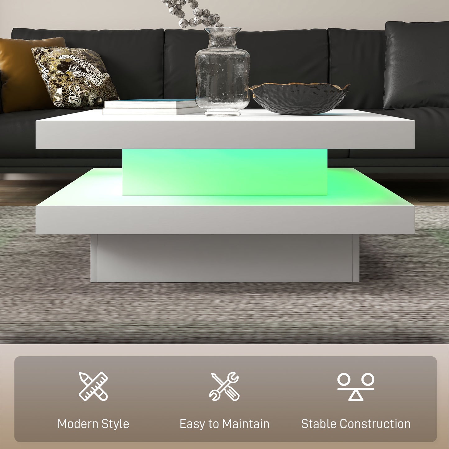 Modern Square Coffee Table with RGB LED Lights, Remote Control, 2-Tier Storage, White