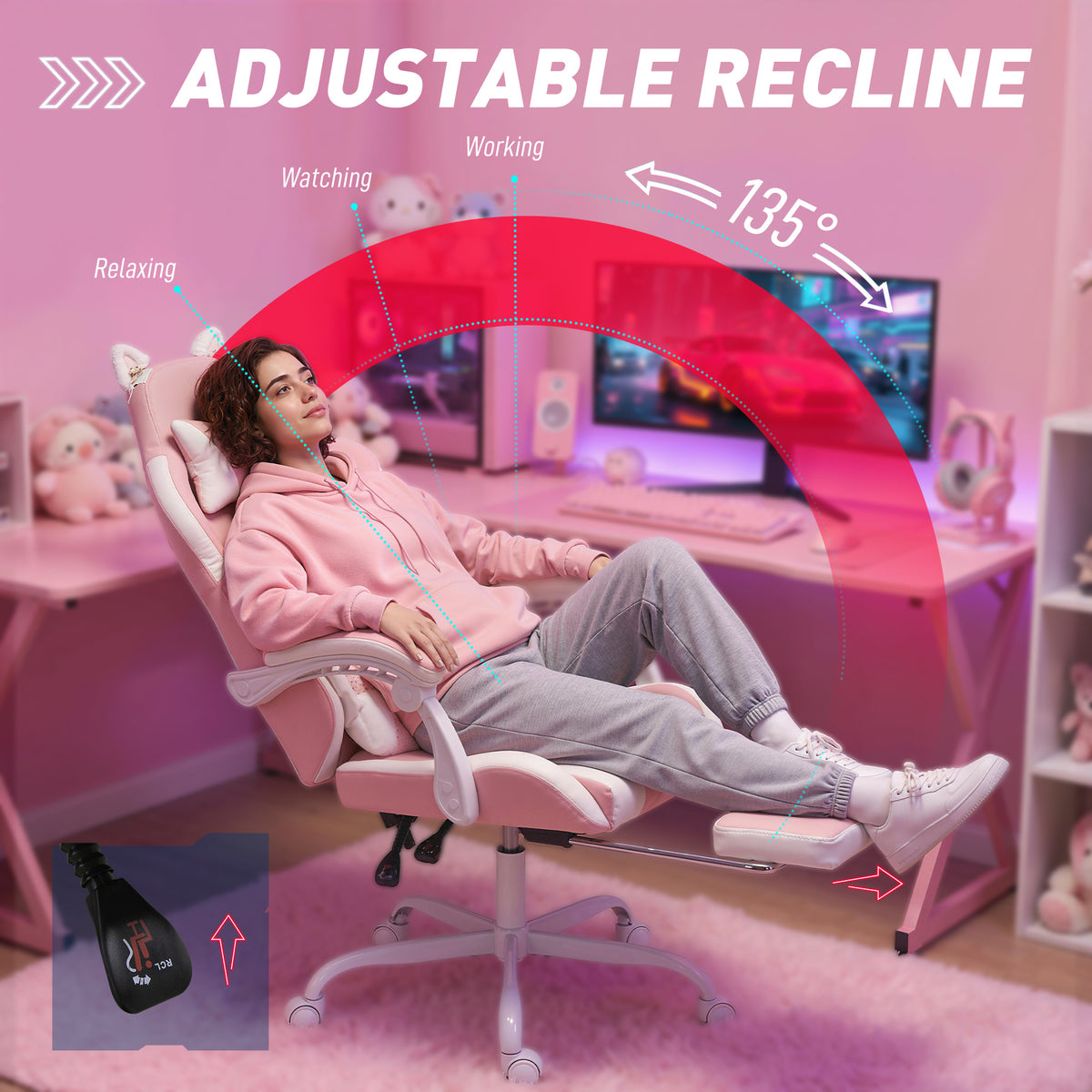 Cute Gaming Chair with Cat Ears, Gamer Computer Chair with Lumbar Support, Footrest, Pink