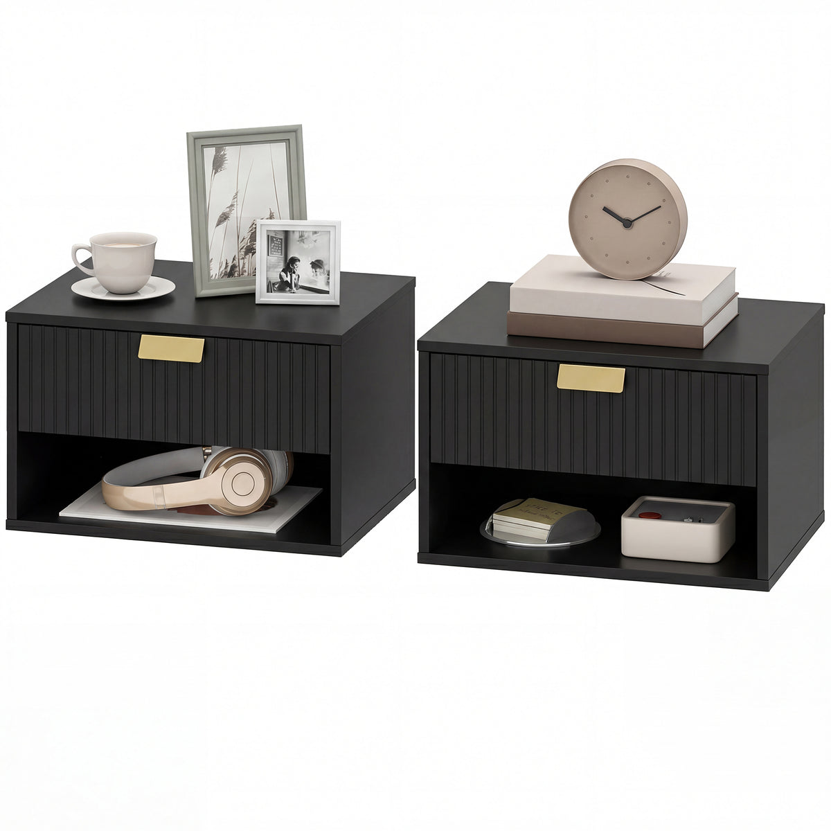 Floating Nightstands with Fluted Drawer, Set of 2 – 16"W x 10"H
