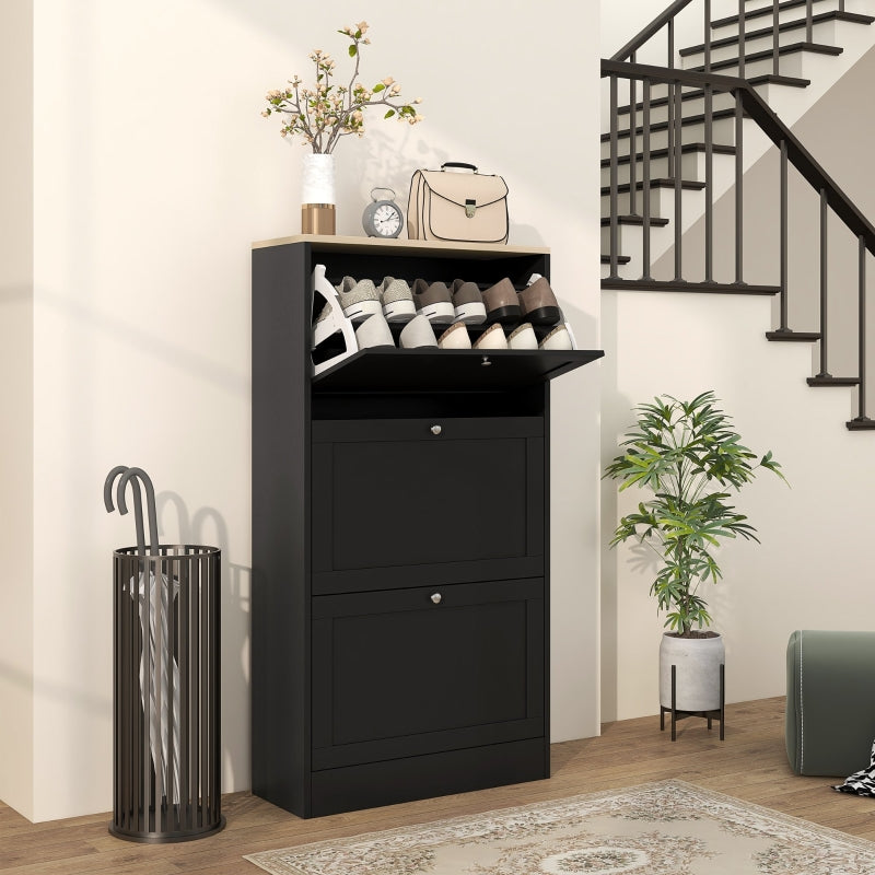 Modern Black Shoe Cabinet: 3 Flip Drawers, Adjustable Storage for 18 Pairs