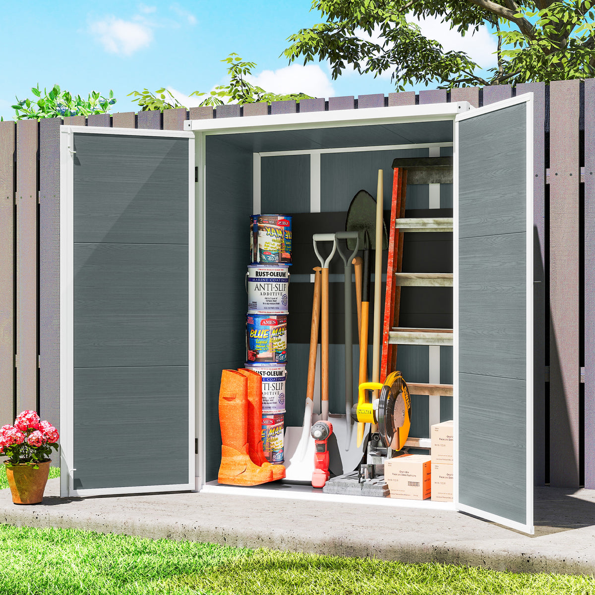 Outdoor 4.4' x 2.3' Plastic Storage Shed with Lockable Doors and Foldable Shelves, Wood-Effect Garden Shed