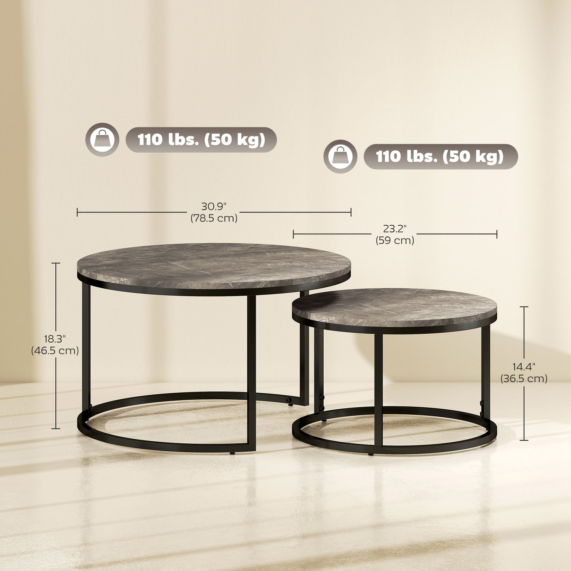 HOMCOM Modern Nesting Coffee & Side Table Set, 2 Faux Marbled Grey Tables