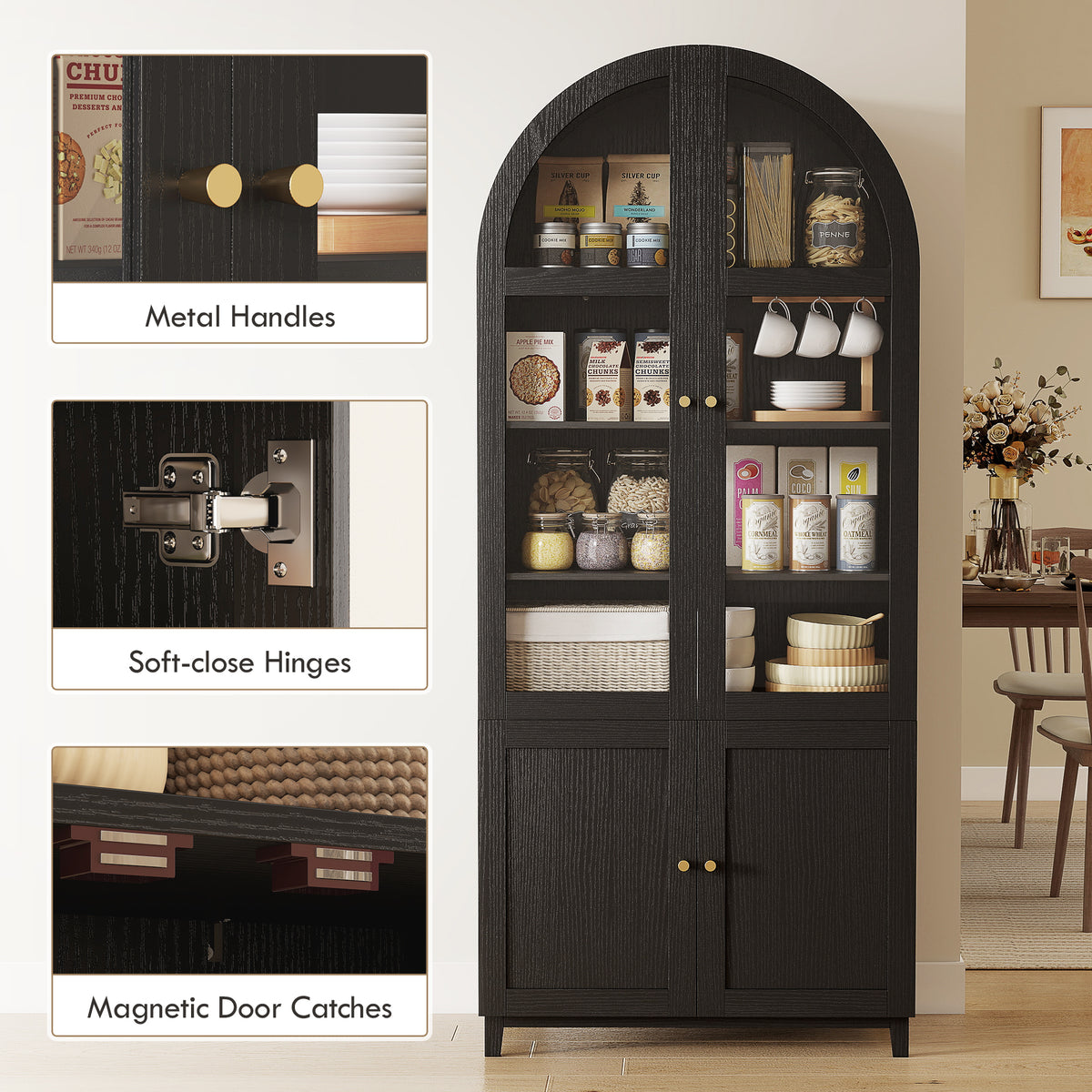 Farmhouse Kitchen Storage Cabinet with Acrylic Glass Doors – 31"W x 71"H