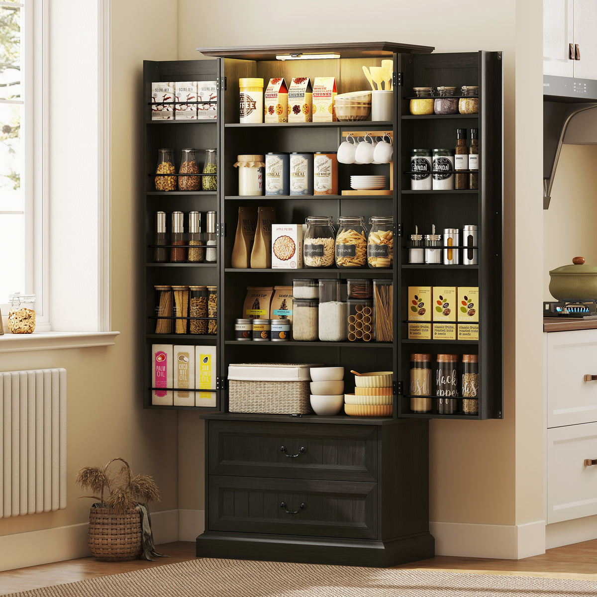 LED Kitchen Pantry Cabinet with 10 Door Shelves and 2 Drawers – 30"W x 72"H