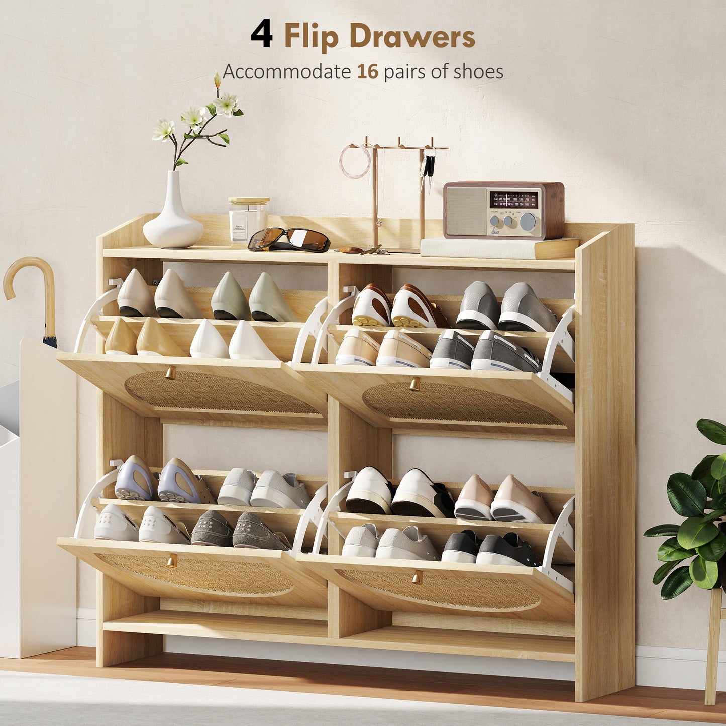 HOMCOM Natural Rattan 4-Flip Drawer Shoe Cabinet, Adjustable Shelves, Stores 16 Pairs