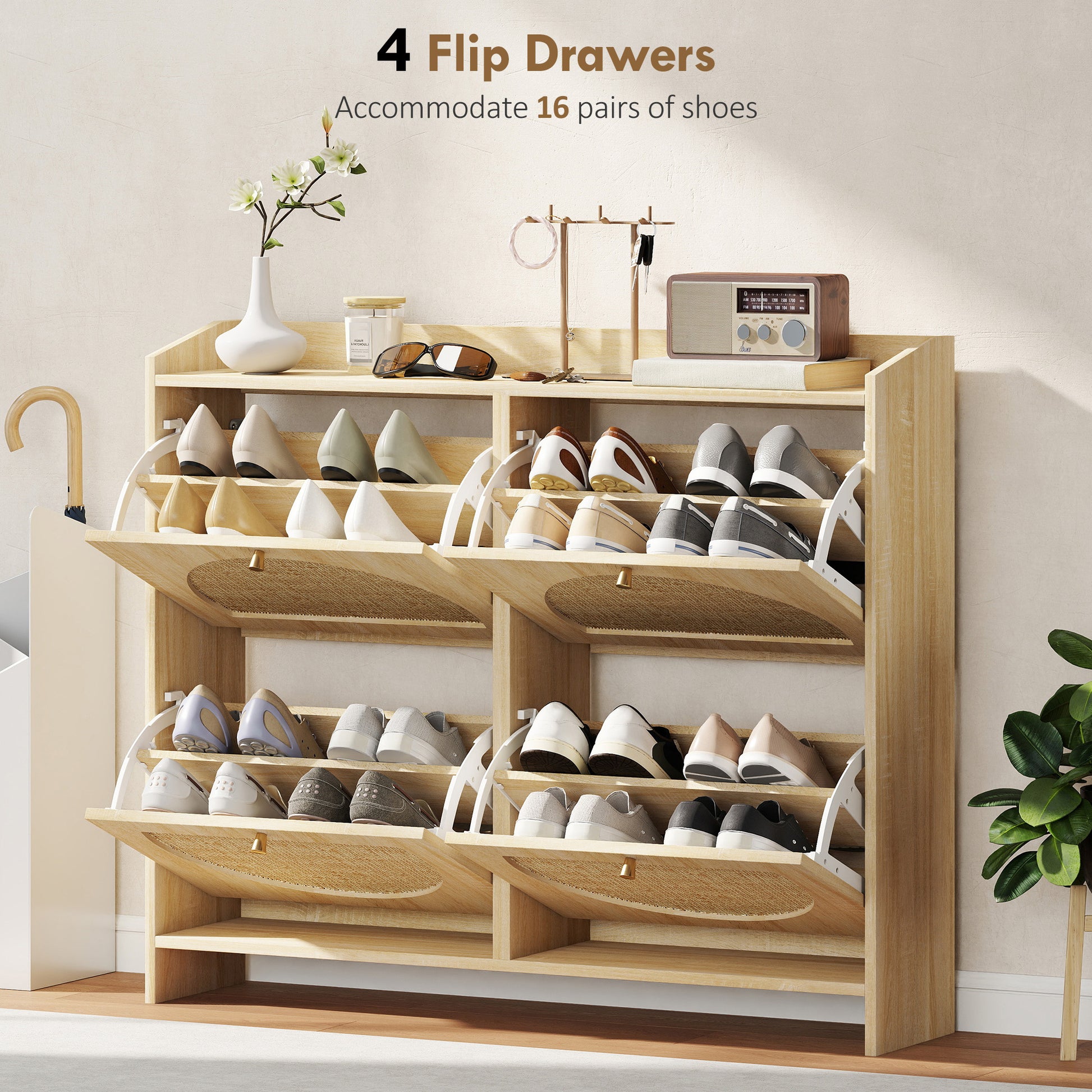 HOMCOM Natural Rattan 4-Flip Drawer Shoe Cabinet, Adjustable Shelves, Stores 16 Pairs