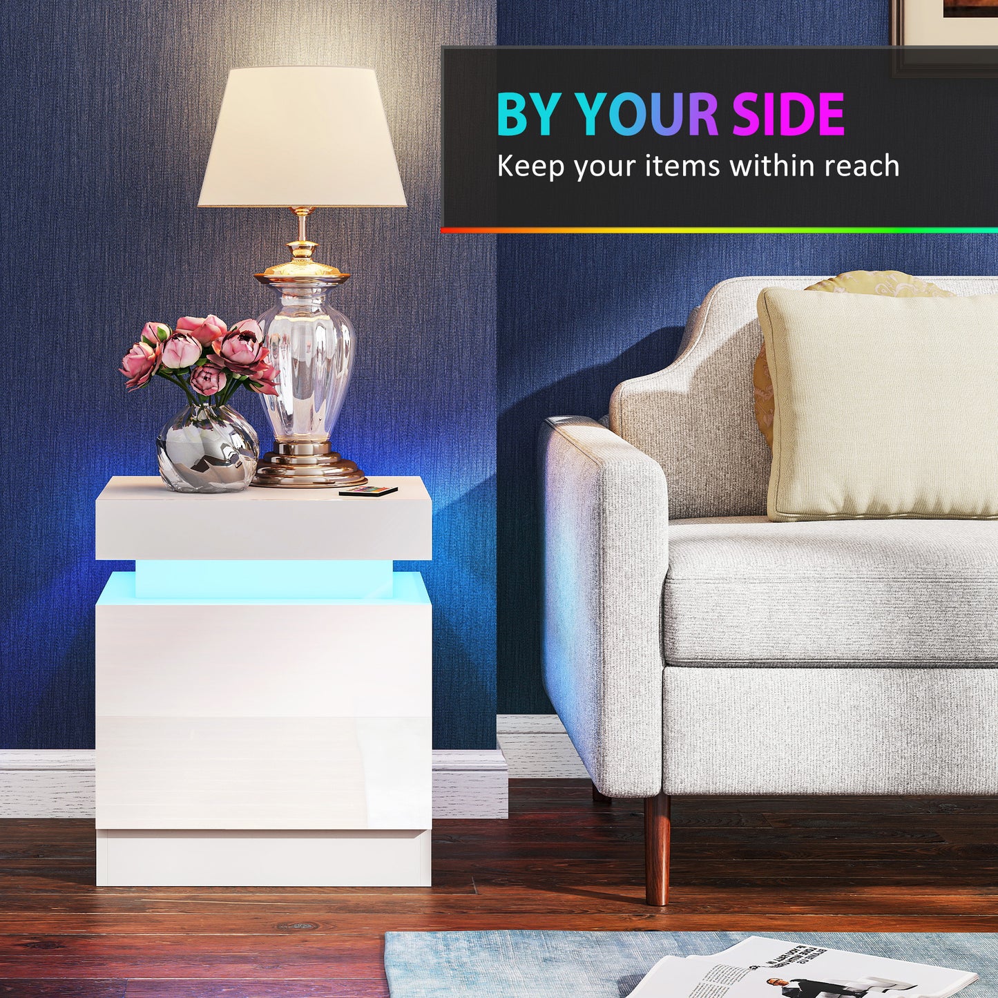 Modern Set of 2 HOMCOM LED Nightstands with 2 Drawers, White Bedside Tables