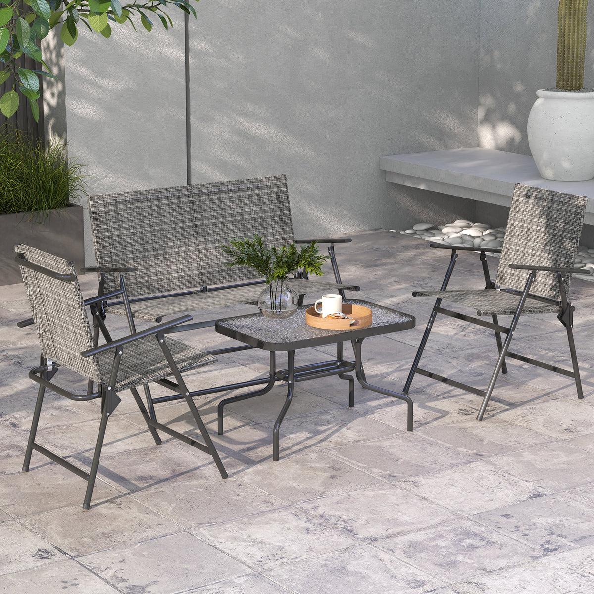 Outdoor 4 Pieces Patio Furniture Set, Garden Set with Two Foldable Armchairs, a Loveseat & Glass Top Table – Mixed Grey
