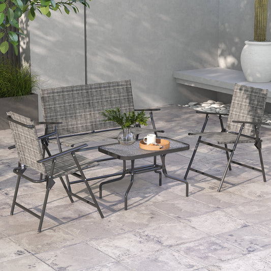Outdoor 4 Pieces Patio Furniture Set, Garden Set with Two Foldable Armchairs, a Loveseat & Glass Top Table – Mixed Grey