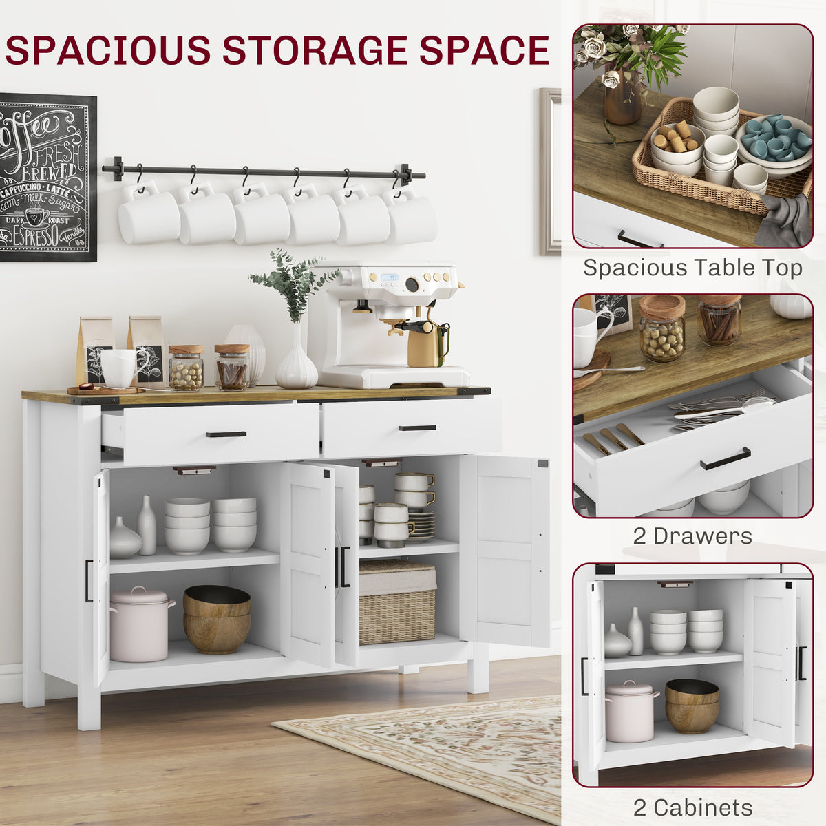 Farmhouse Kitchen Storage Cabinet with 2 Drawers and Shelves – 47"W x 33"H