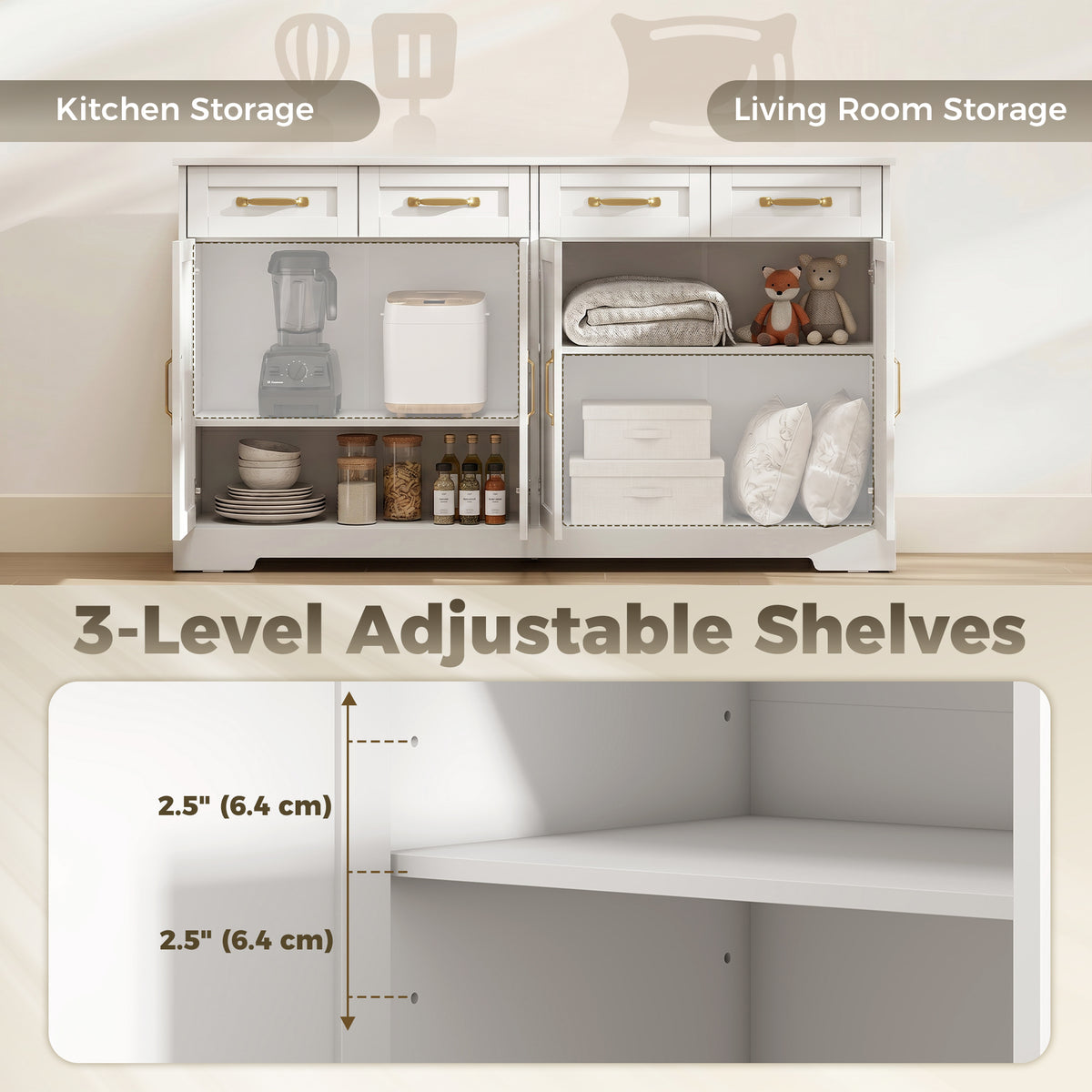 Modern Farmhouse Kitchen Storage Cabinet with 4 Drawers – 55"W x 31"H