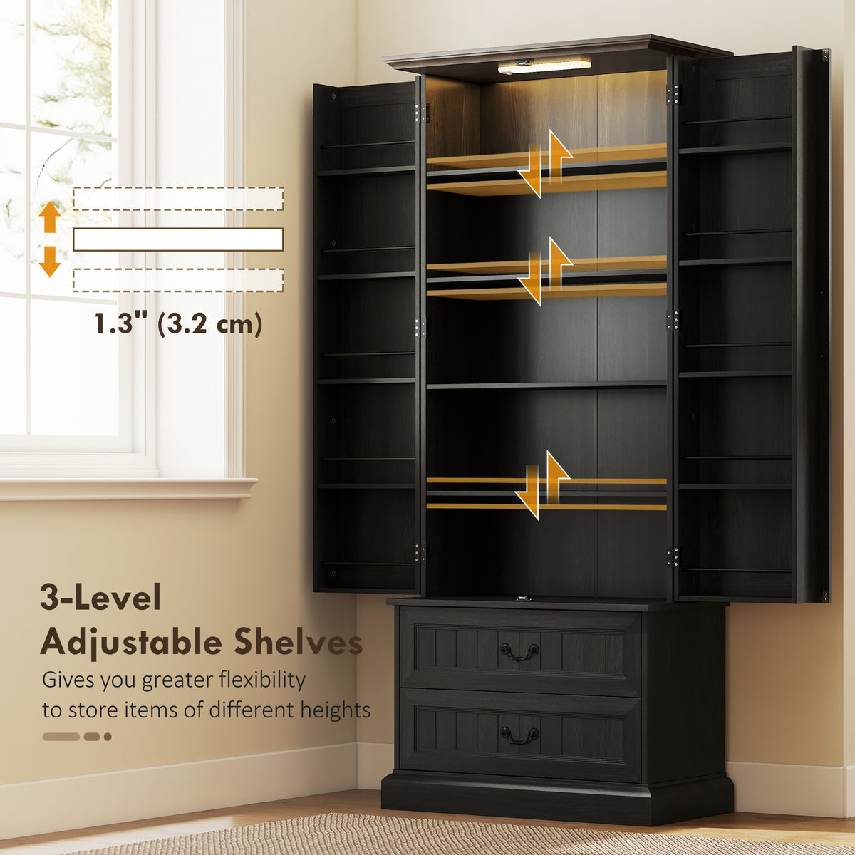 LED Kitchen Pantry Cabinet with 10 Door Shelves and 2 Drawers – 30"W x 72"H