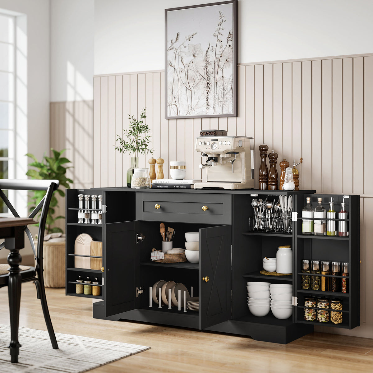 Farmhouse Sideboard with Barn Doors and Door Shelves – 54"W x 33"H