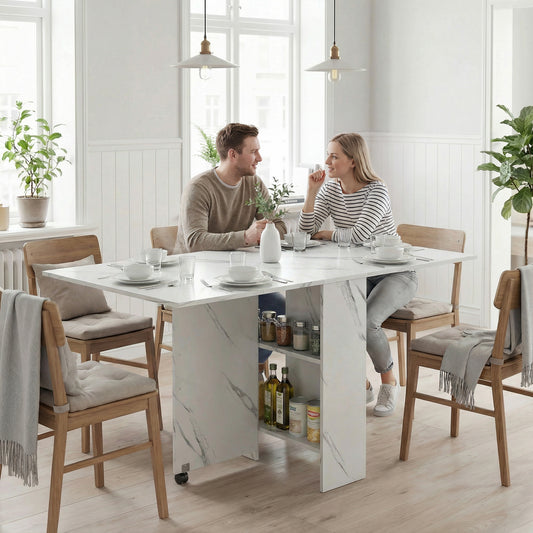 Extendable Dining Table, Collapsible Folding Table with 2-Tier Shelves and Rolling Casters