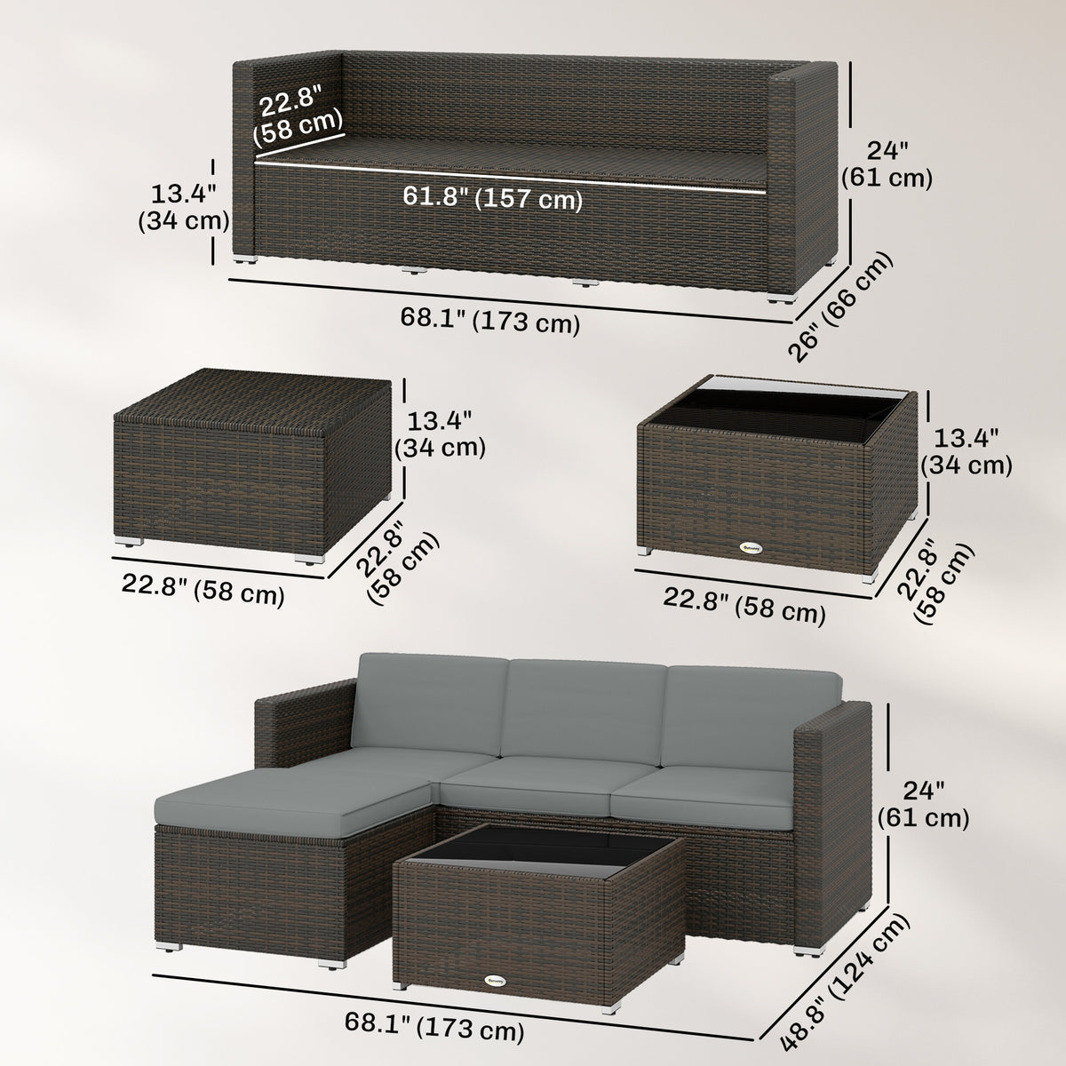 3 Pieces Patio Furniture Set with Cushions, Outdoor PE Rattan Wicker Conversation Corner Sofa Set with Glass Top Table – Brown, Light Grey