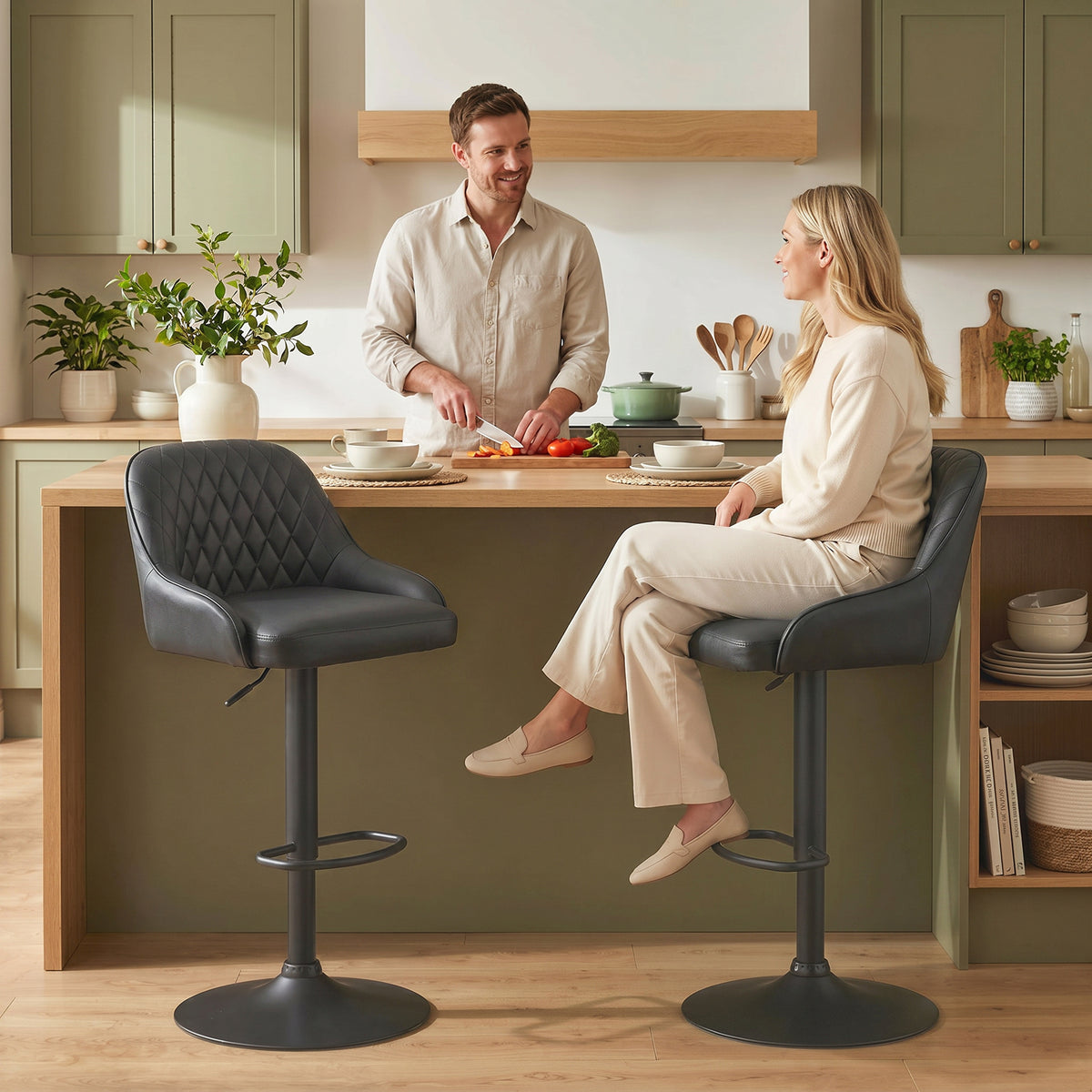 Diamond-Quilted Adjustable Swivel Kitchen Bar Stools with Backrest, Set of 2, Black