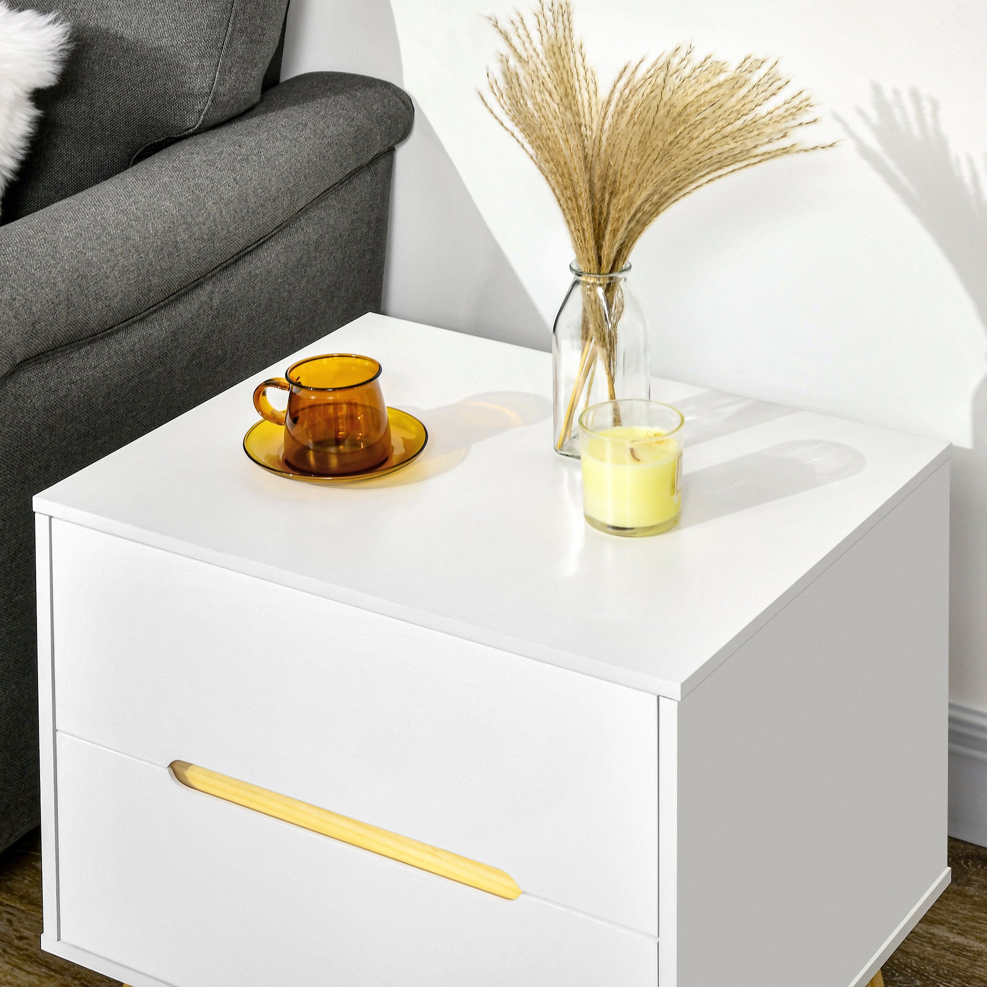HOMCOM Modern White Nightstand with 2 Drawers, Solid Pine Wood Legs