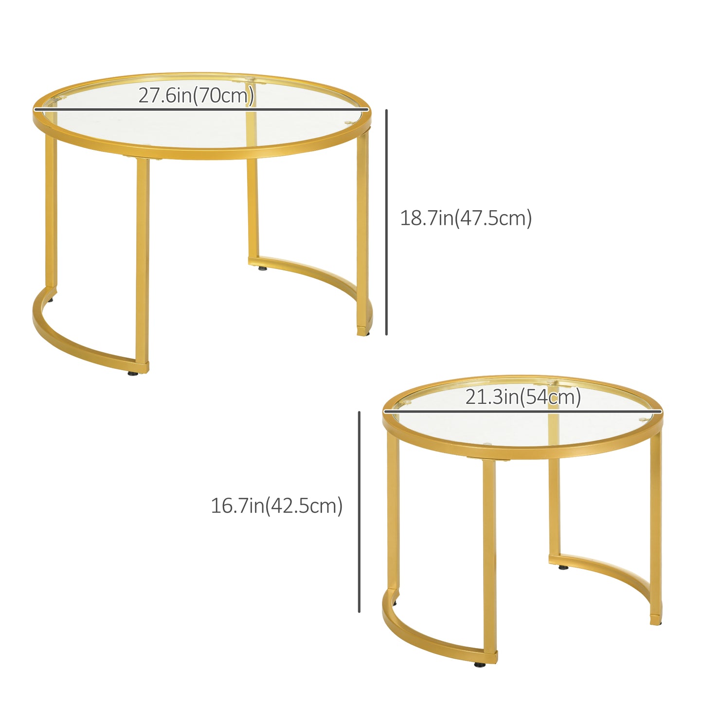 HOMCOM Modern Round Nesting Coffee Table Set - Tempered Glass & Gold Steel Frame