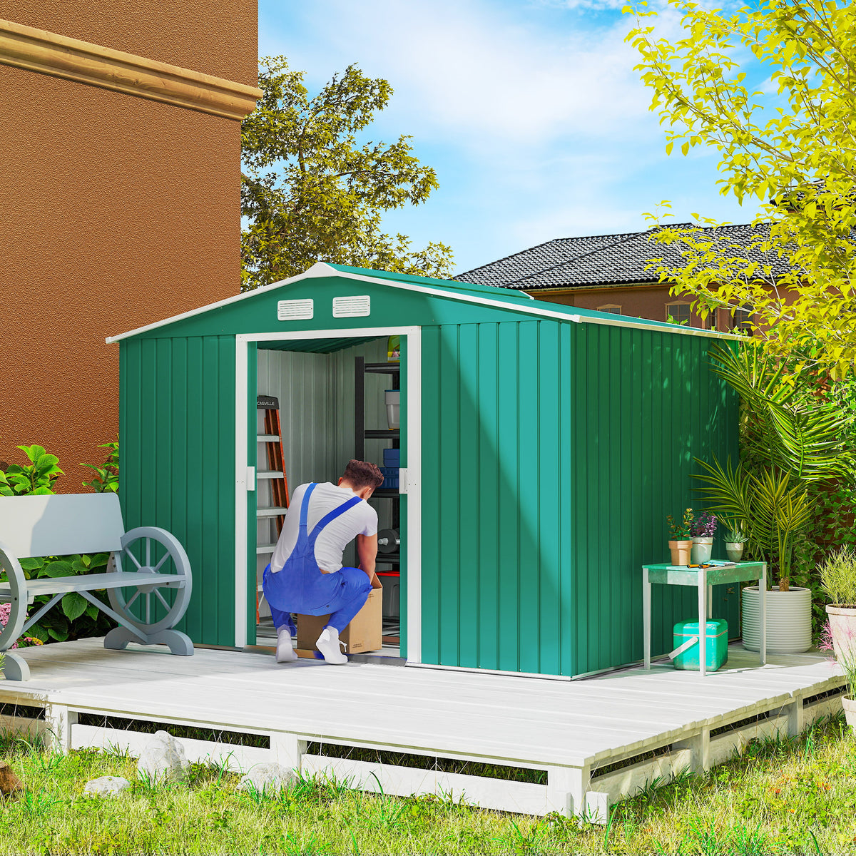 9.1'x6.4'x6.3' Garden Storage Shed, Outdoor Storage Tool House with Vents, Foundation and Lockable Double Doors – Green