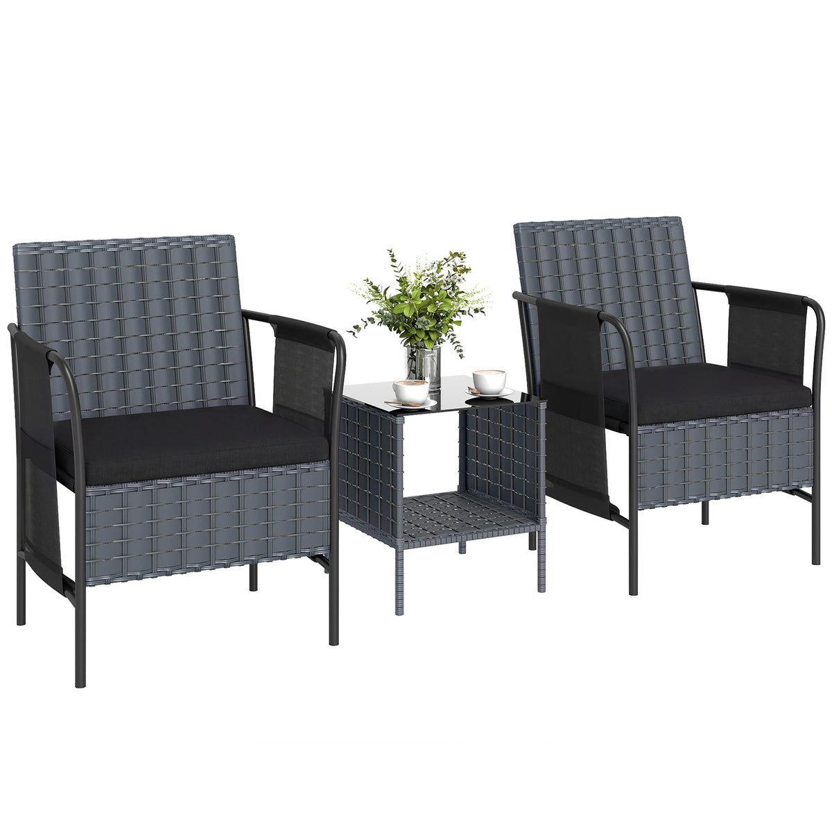 3 Piece Wicker Patio Furniture Set, Outdoor Bistro Set, Side Pockets, Mesh Seat, 2 Tier Glass Table, Cushions – Black