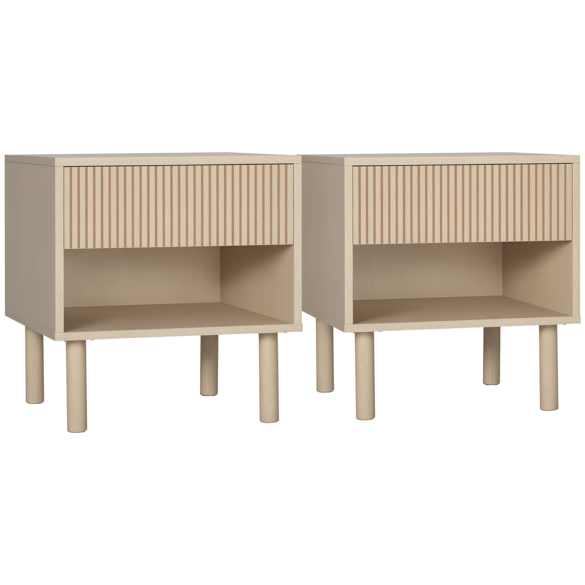 HOMCOM 2-Piece Modern Natural Wood Nightstands with Storage Drawer Shelf