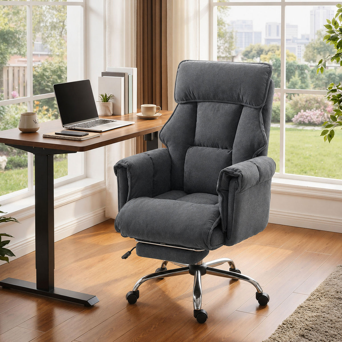 Desk Chair, Computer Office Chair with Footrest, Adjustable Backrest and Headrest, Dark Grey