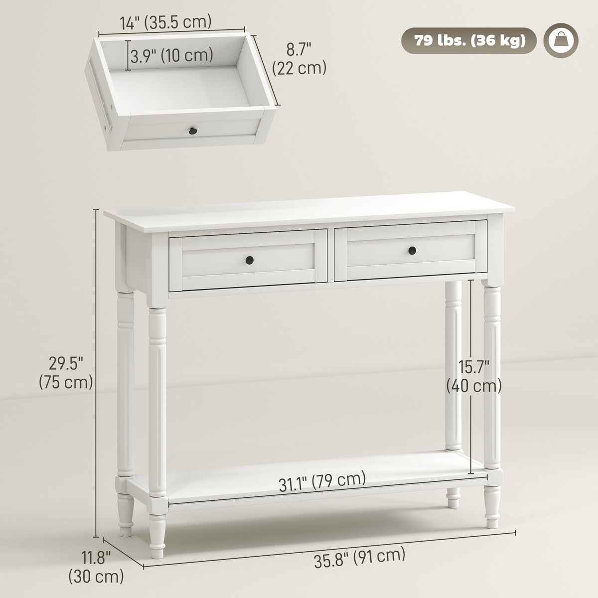 Hallway Console Table with 2 Drawers, White