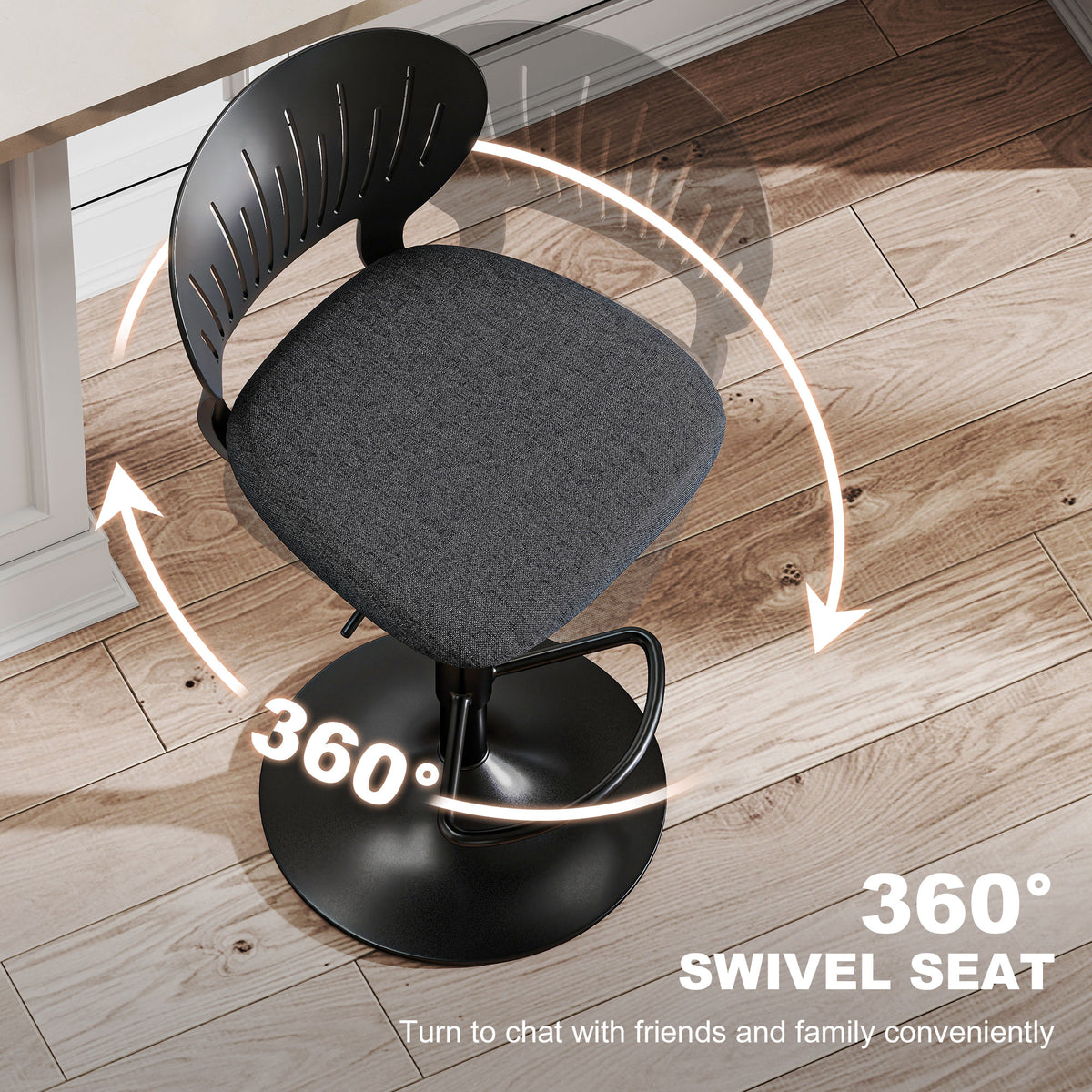 Linen-Look Swivel Counter Stools with Hollow Backrest and Footrest, Set of 2, Black