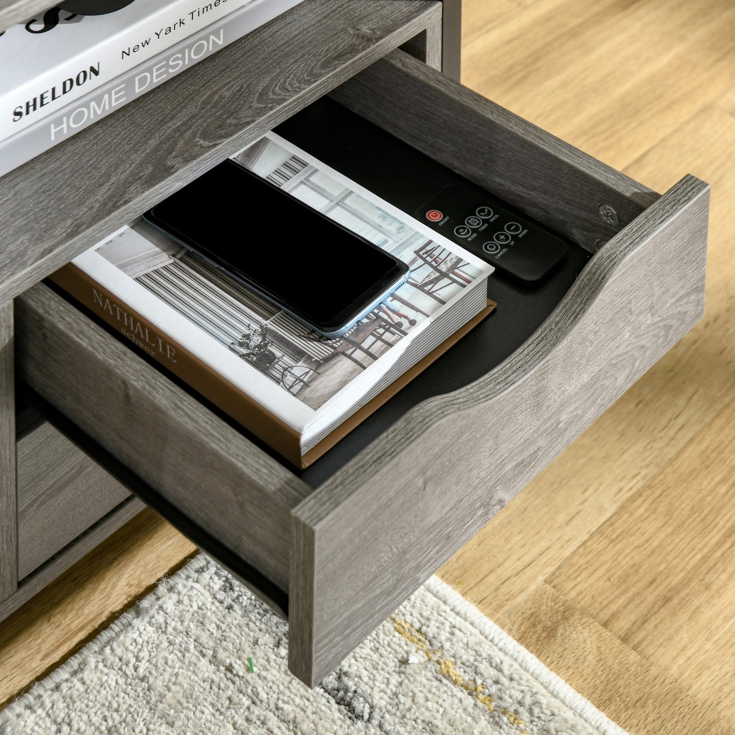 HOMCOM Industrial Grey Nightstand Side Table, 2 Drawers, Open Storage Shelf, Metal Frame