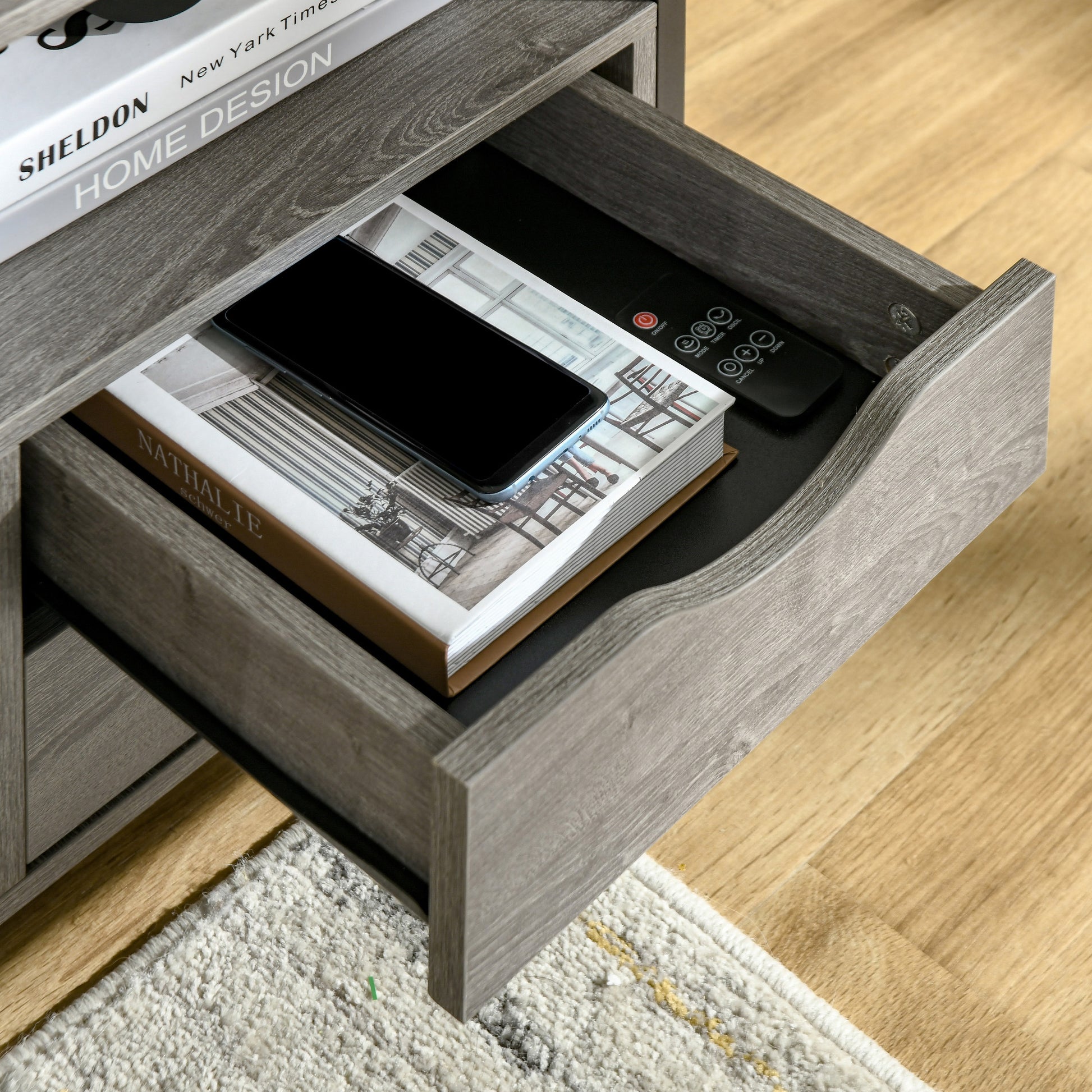 HOMCOM Industrial Grey Nightstand Side Table, 2 Drawers, Open Storage Shelf, Metal Frame