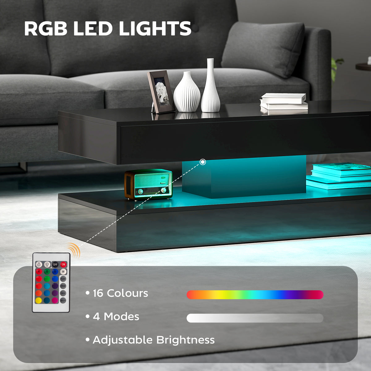 Coffee Table with Adjustable RGB LED Lights, 2 Drawers, Open Shelf and Remote