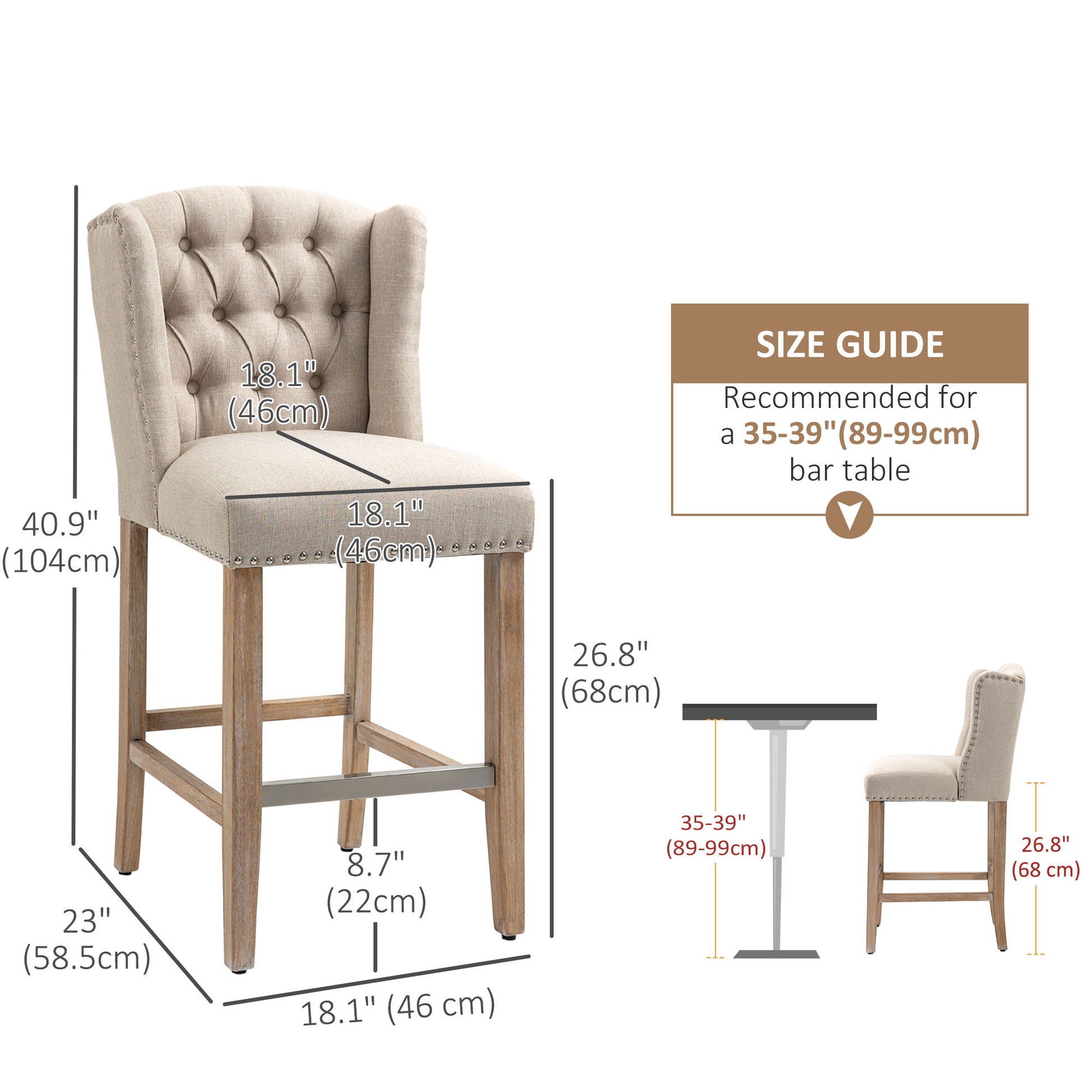 HOMCOM Set of 2 Beige Tufted Upholstered Bar Stools