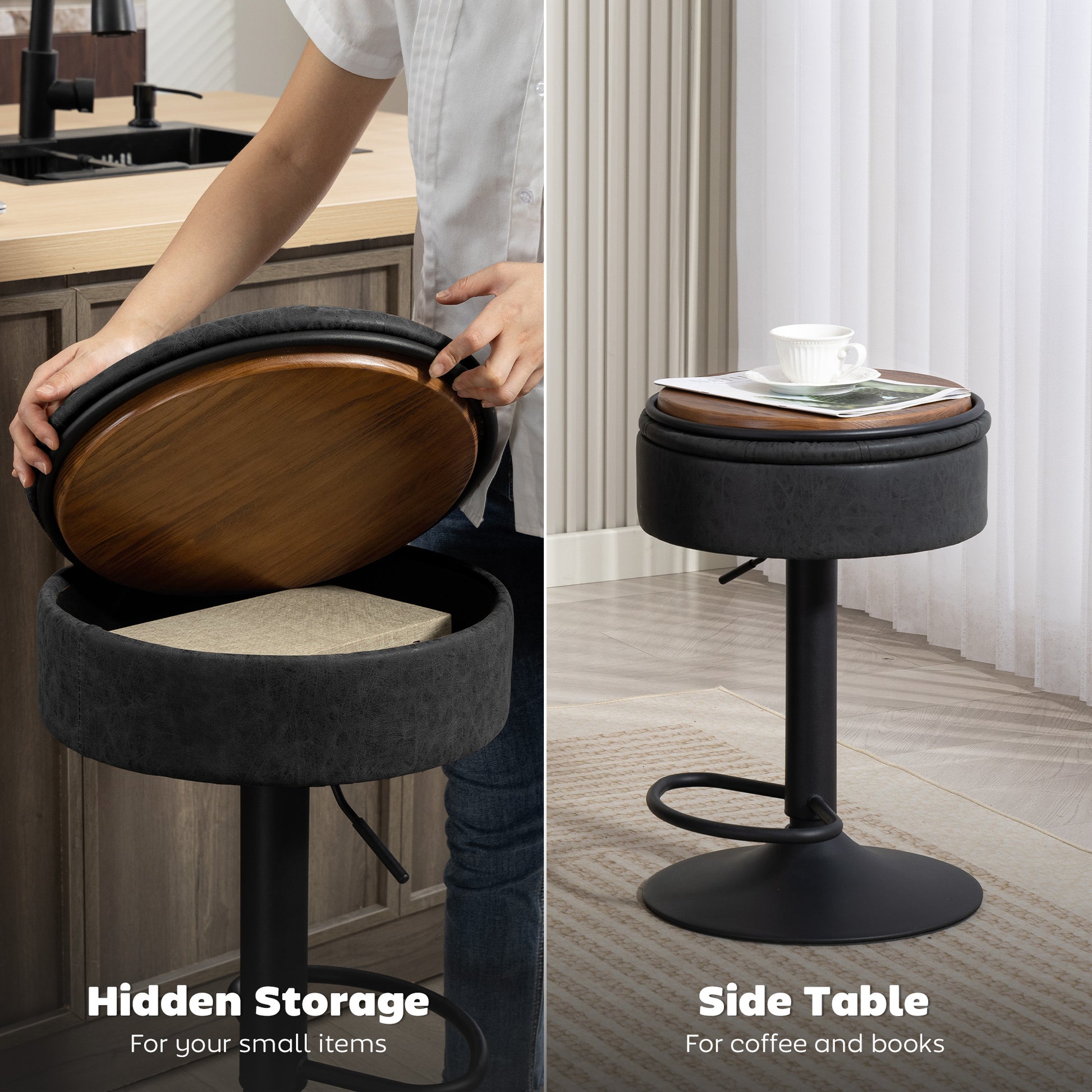 HOMCOM 2-Piece Black Swivel Bar Stools: Hidden Storage, PU Leather, Footrest