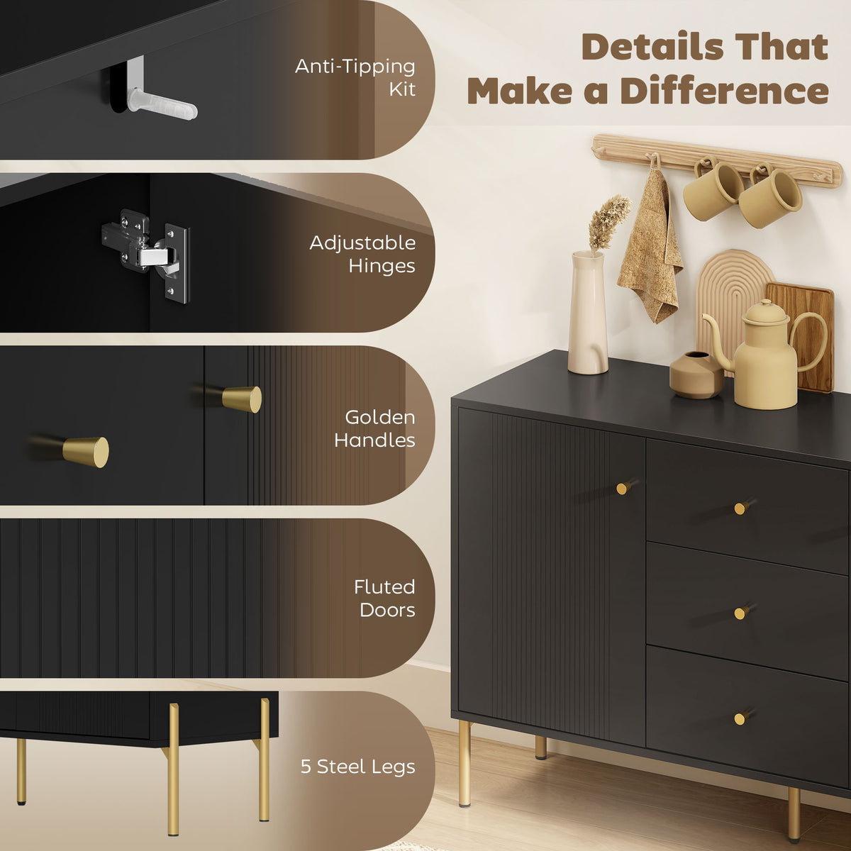 Modern Sideboard with 3 Soft-Close Drawers and 2 Adjustable Shelves – 47"W x 30"H