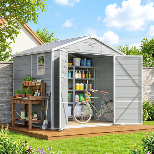 8' x 6' Garden Storage Shed, Outdoor Tool & Equipment Storage House with Wide Door, Foundation Kit, Vents, Window – Light Grey