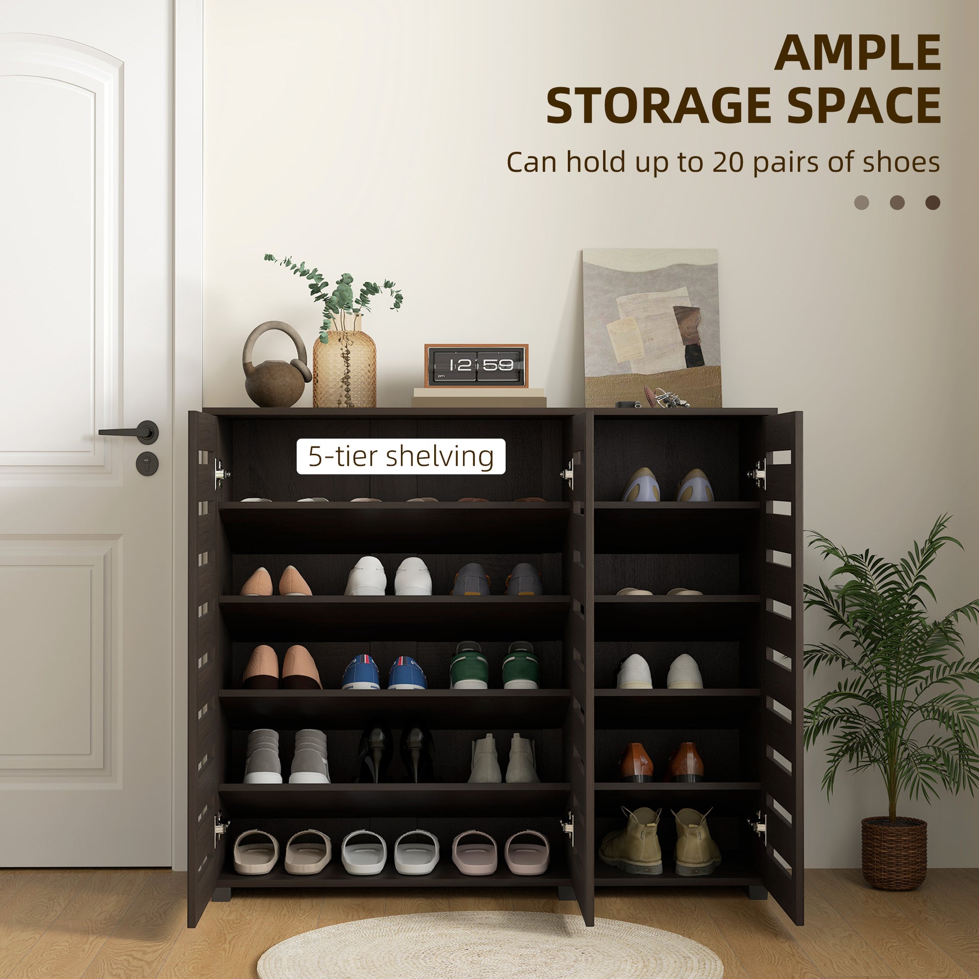 HOMCOM Narrow Entryway Shoe Cabinet, Slatted Doors, Adjustable Shelves, Dark Brown