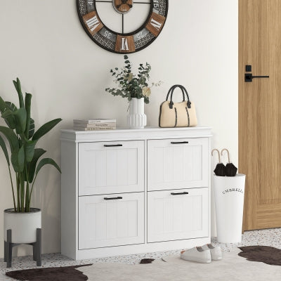 HOMCOM Modern Light Grey Shoe Cabinet Organizer, 21 Pair Storage with Doors