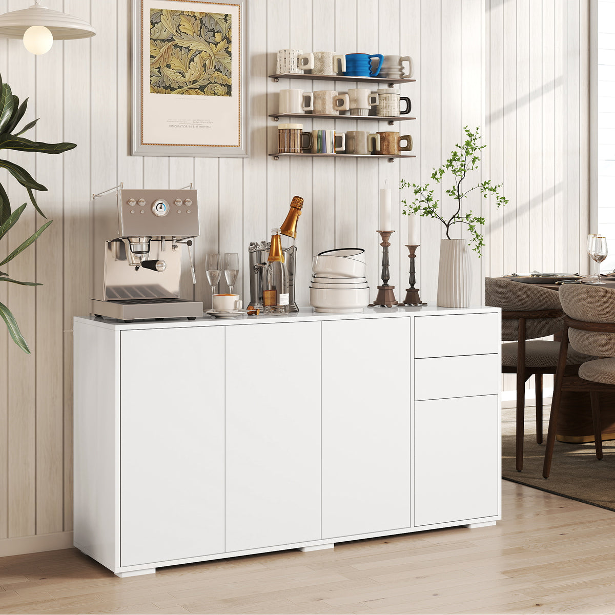 Modern Coffee Bar Cabinet with Push-Open Design and 2 Drawers – 55"W x 29"H